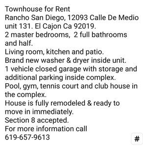 2 Bed 2 Bath Townhouse for Rent - Rancho San Diego 