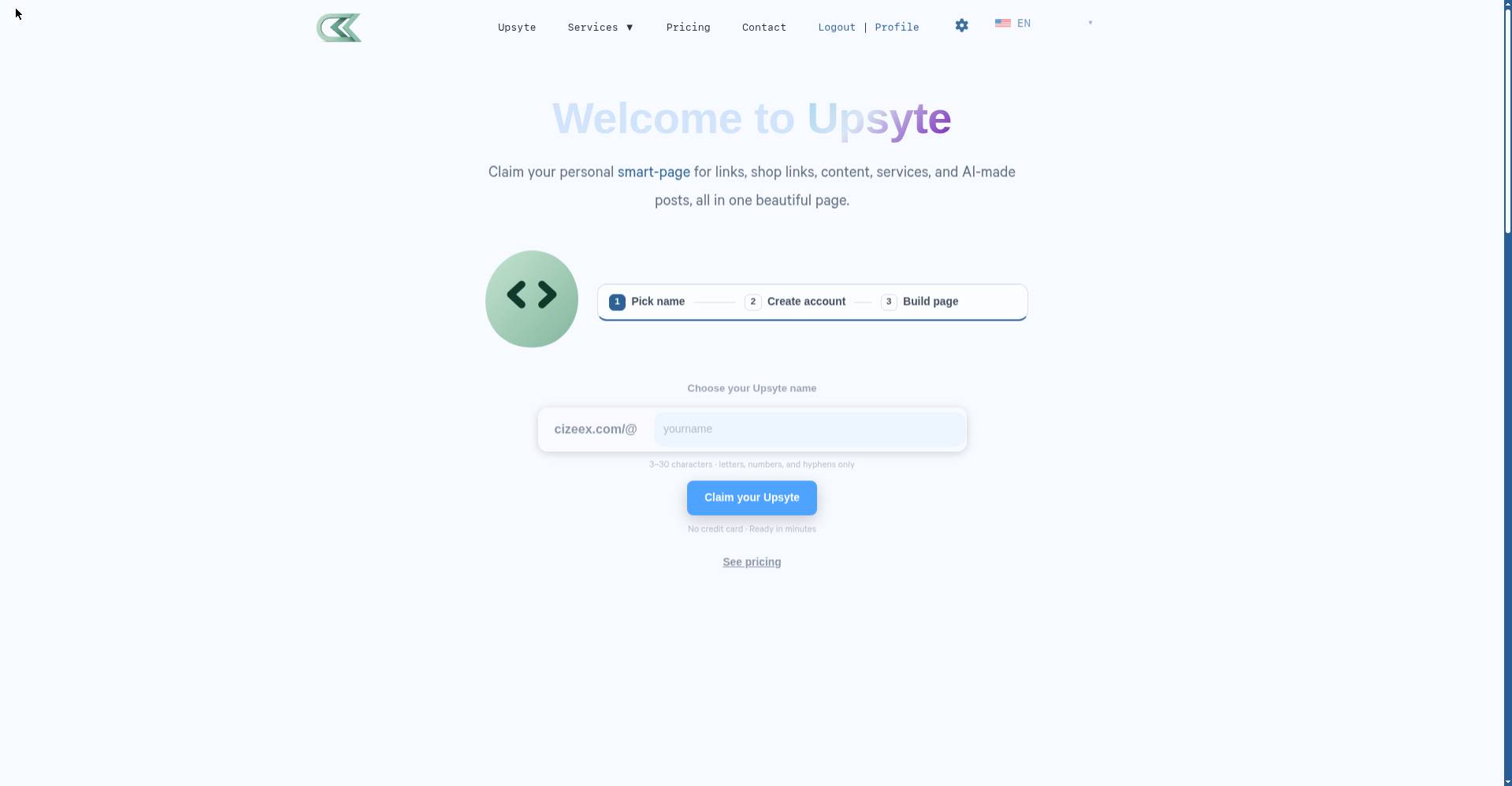 The Upsyte page editor — building a smart page with links, services, gallery, and bookings
